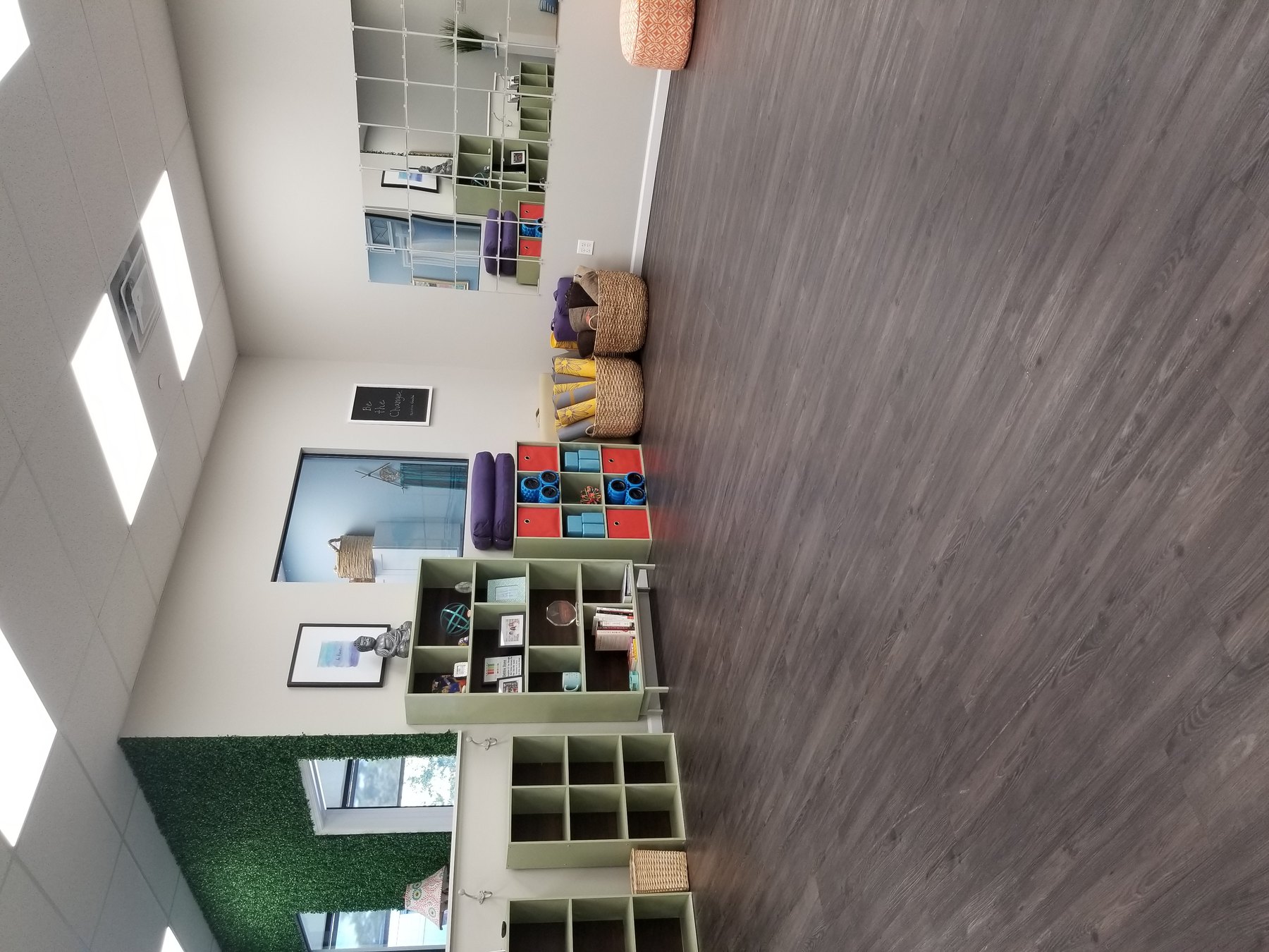Bright, calm Pop.Earth studio set up for an adaptive yoga session